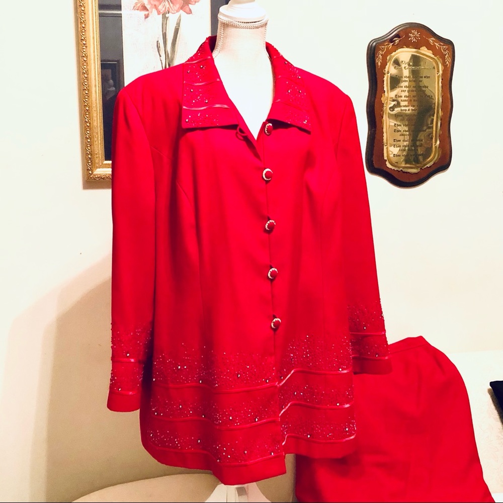 Stella Louise for KB Woman’s Red (2) Piece Suite with skirt and rhinestones